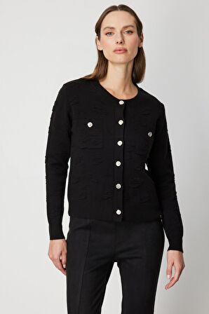 On Kadın Kabartmalı Sıfır Yaka Hırka 66938 Siyah