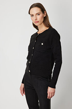 On Kadın Kabartmalı Sıfır Yaka Hırka 66938 Siyah