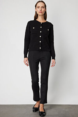 On Kadın Kabartmalı Sıfır Yaka Hırka 66938 Siyah