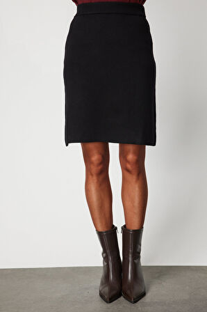 On Kadın Düz Mini Triko Etek 69203 Siyah