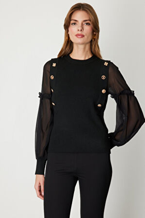 On Kadın Balon Kol Süs Düğmeli Triko Kazak 60416 Siyah