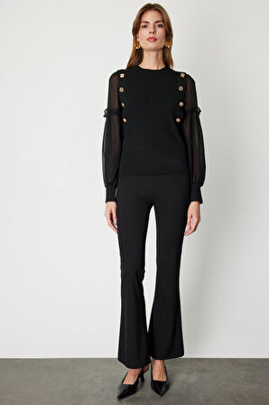 On Kadın Balon Kol Süs Düğmeli Triko Kazak 60416 Siyah