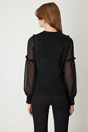 On Kadın Balon Kol Süs Düğmeli Triko Kazak 60416 Siyah