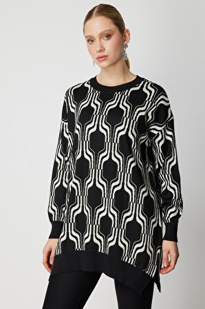 On Kadın Desenli Uzun Triko Kazak 65336 Siyah