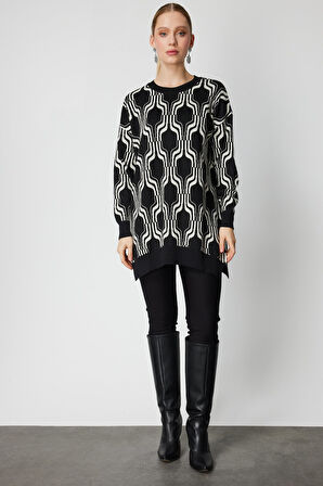 On Kadın Desenli Uzun Triko Kazak 65336 Siyah