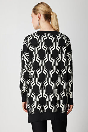 On Kadın Desenli Uzun Triko Kazak 65336 Siyah