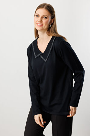 On Kadın Büyük Beden Yakası Taşlı Triko Kazak 65395 Siyah