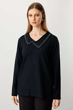 On Kadın Büyük Beden Yakası Taşlı Triko Kazak 65395 Siyah