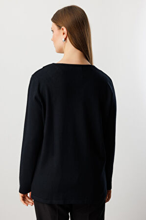 On Kadın Büyük Beden Yakası Taşlı Triko Kazak 65395 Siyah