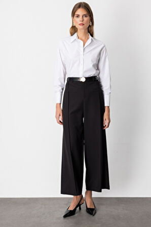 On Kadın Beli Kemerli Bol Paça Pantolon 64133 Siyah