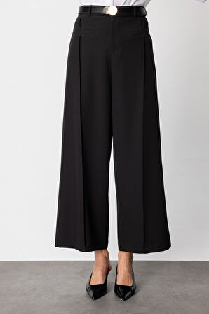 On Kadın Beli Kemerli Bol Paça Pantolon 64133 Siyah