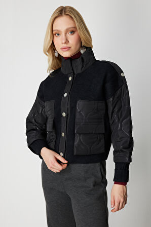 On Kadın Kapitone Detaylı Kapak Cepli Mont 60711 Siyah