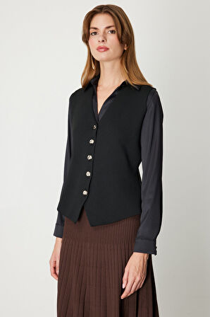 On Kadın V Yaka Triko Yelek 66915 Siyah