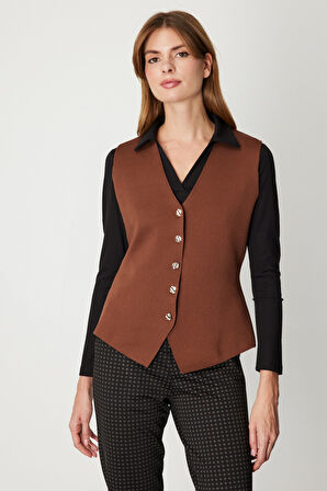 On Kadın V Yaka Triko Yelek 66915 Kahverengi