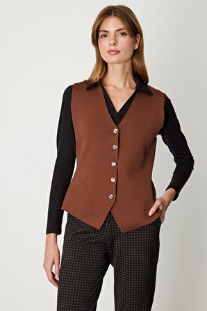 On Kadın V Yaka Triko Yelek 66915 Kahverengi