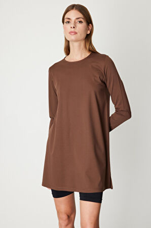 On Kadın Uzun Kollu Basic Tunik 61421 Kahverengi