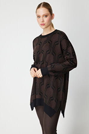 On Kadın Desenli Uzun Triko Kazak 65336 Kahverengi