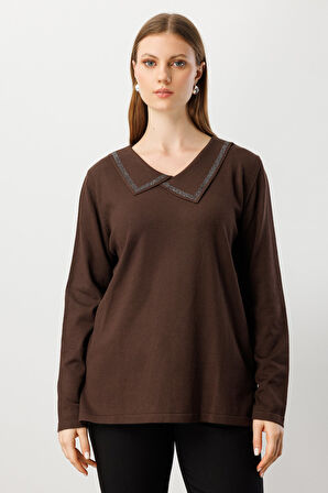 On Kadın Büyük Beden Yakası Taşlı Triko Kazak 65395 Kahverengi