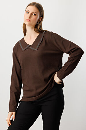 On Kadın Büyük Beden Yakası Taşlı Triko Kazak 65395 Kahverengi