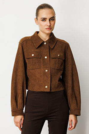 On Kadın Kapak Cepli Süet Crop Ceket 60503 Kahverengi