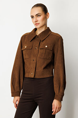 On Kadın Kapak Cepli Süet Crop Ceket 60503 Kahverengi