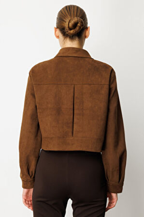 On Kadın Kapak Cepli Süet Crop Ceket 60503 Kahverengi