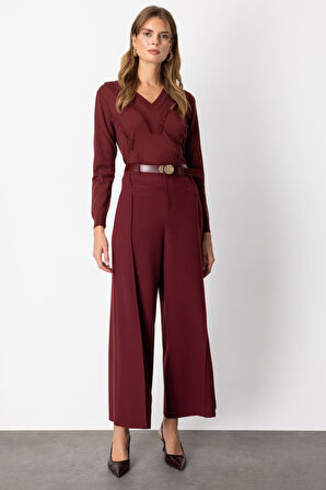On Kadın Beli Kemerli Bol Paça Pantolon 64133 Bordo