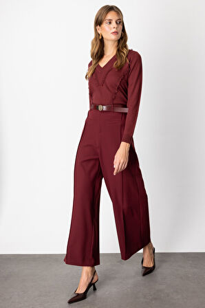 On Kadın Beli Kemerli Bol Paça Pantolon 64133 Bordo