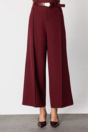 On Kadın Beli Kemerli Bol Paça Pantolon 64133 Bordo