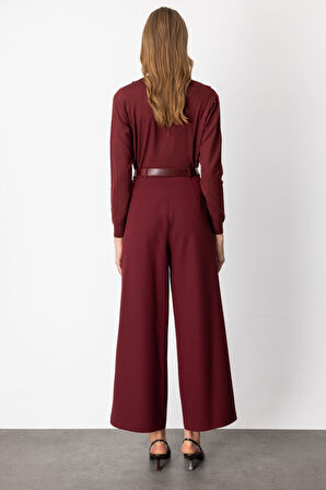 On Kadın Beli Kemerli Bol Paça Pantolon 64133 Bordo