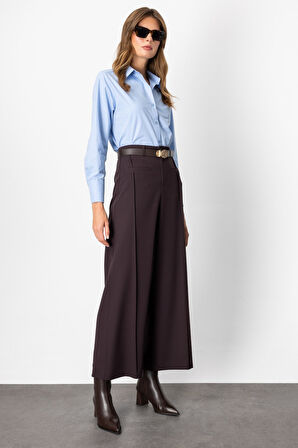 On Kadın Beli Kemerli Bol Paça Pantolon 64133 Kahverengi