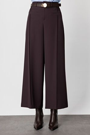 On Kadın Beli Kemerli Bol Paça Pantolon 64133 Kahverengi
