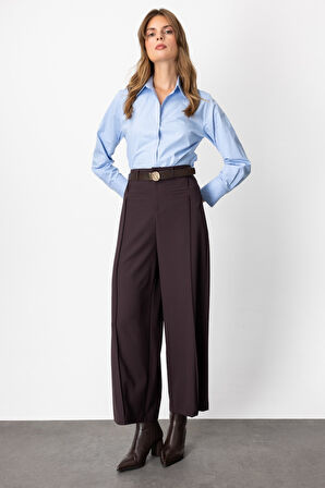 On Kadın Beli Kemerli Bol Paça Pantolon 64133 Kahverengi