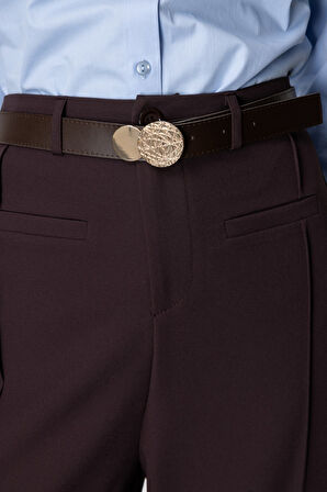On Kadın Beli Kemerli Bol Paça Pantolon 64133 Kahverengi