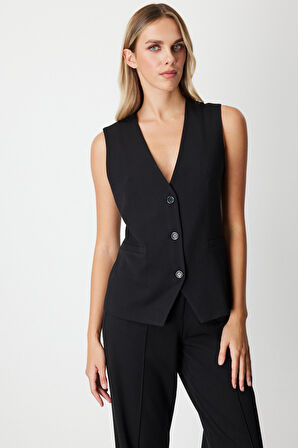 On Kadın V Yaka Kolsuz Yelek 64919 Siyah