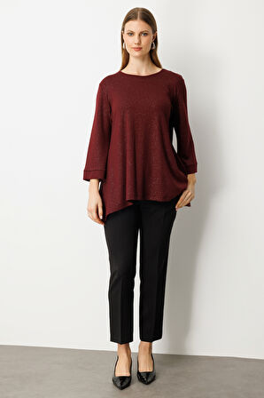 On Kadın Büyük Beden Kumaşı Simli Rahat Kalıp Bluz 61393 Bordo