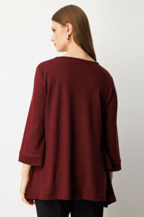 On Kadın Büyük Beden Kumaşı Simli Rahat Kalıp Bluz 61393 Bordo