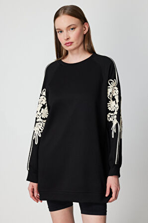 On Kadın Kolları İşlemeli Cep Detaylı Tunik 66381 Siyah