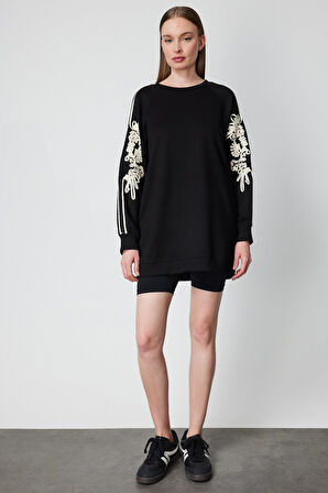 On Kadın Kolları İşlemeli Cep Detaylı Tunik 66381 Siyah