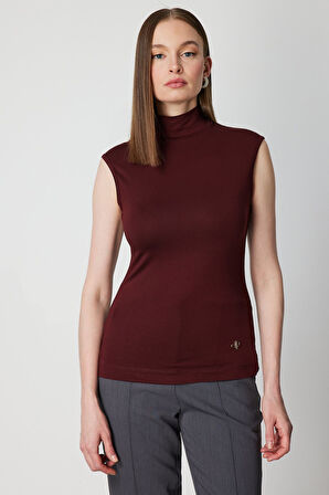 On Kadın Dik Yaka Kolsuz Basic Bluz 61432 Bordo