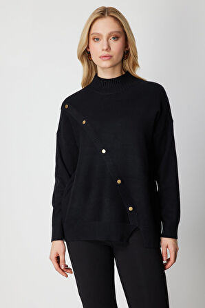 On Kadın Süs Düğmeli Dik Yaka Triko Kazak 60419 Siyah