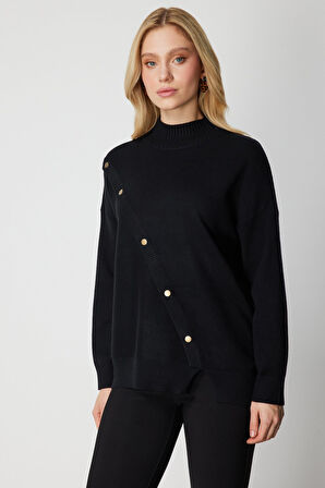 On Kadın Süs Düğmeli Dik Yaka Triko Kazak 60419 Siyah