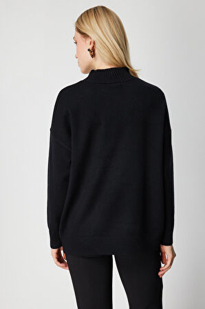 On Kadın Süs Düğmeli Dik Yaka Triko Kazak 60419 Siyah