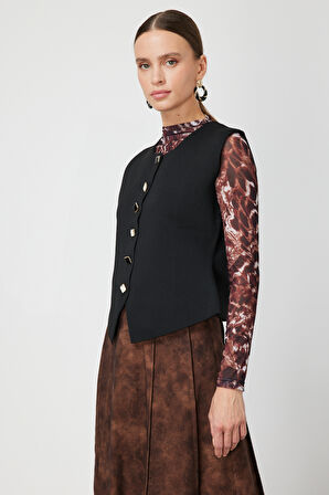 On Kadın Sıfır Yaka Düğmeli Triko Yelek 66947 Siyah