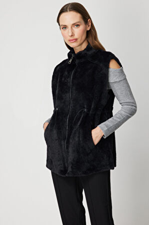 On Kadın Dik Yaka Beli Lastikli Peluş Yelek 66932 Siyah