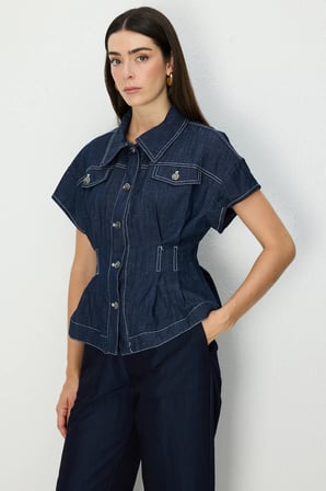 On Kadın Beli Pile Detaylı Kısa Kollu Mont 70700 Indigo