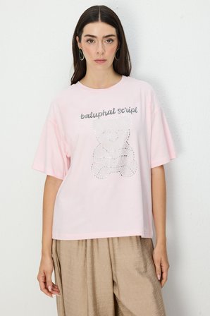 On Kadın Taşlı Ayıcık Baskılı T-Shirt 70341 Pembe