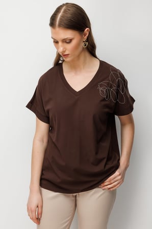 On Kadın Büyük Beden Tek Omzu Zincirli V Yaka T-Shirt 71368 Kahverengi