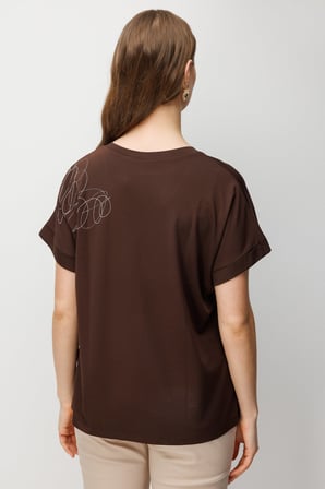 On Kadın Büyük Beden Tek Omzu Zincirli V Yaka T-Shirt 71368 Kahverengi