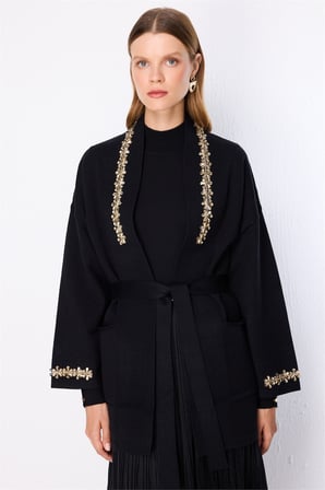 On Kadın Beli Kuşaklı Taşlı Triko Hırka 10903 Siyah